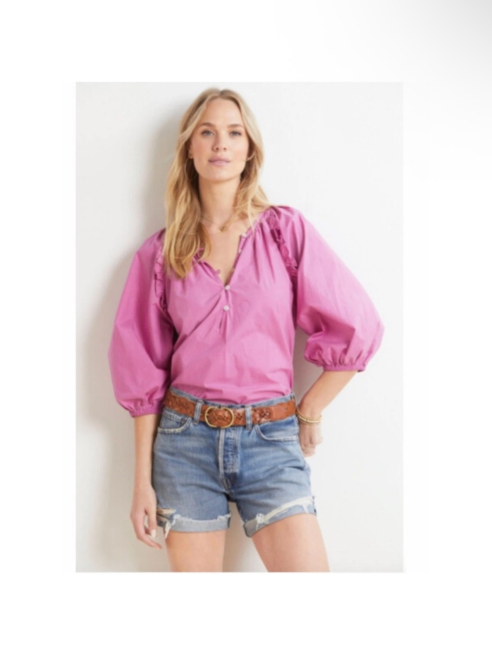 Cleobella Pink Puff-Sleeve Peasant Blouse